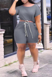 Dark Gray Fashion Casual Solid Basic O Neck Short Sleeve Two Pieces