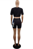 Black Fashion Casual Print Bandage O Neck Half Sleeve Two Pieces