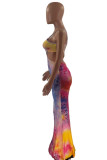 Multicolor Fashion Sexy Print Tie Dye Backless Spaghetti Strap Sleeveless Dress