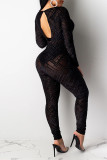 Black Fashion Sexy Patchwork Hollowed Out See-through O Neck Skinny Jumpsuits