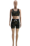 Army Green Fashion Casual Camouflage Print Vests U Neck Sleeveless Two Pieces
