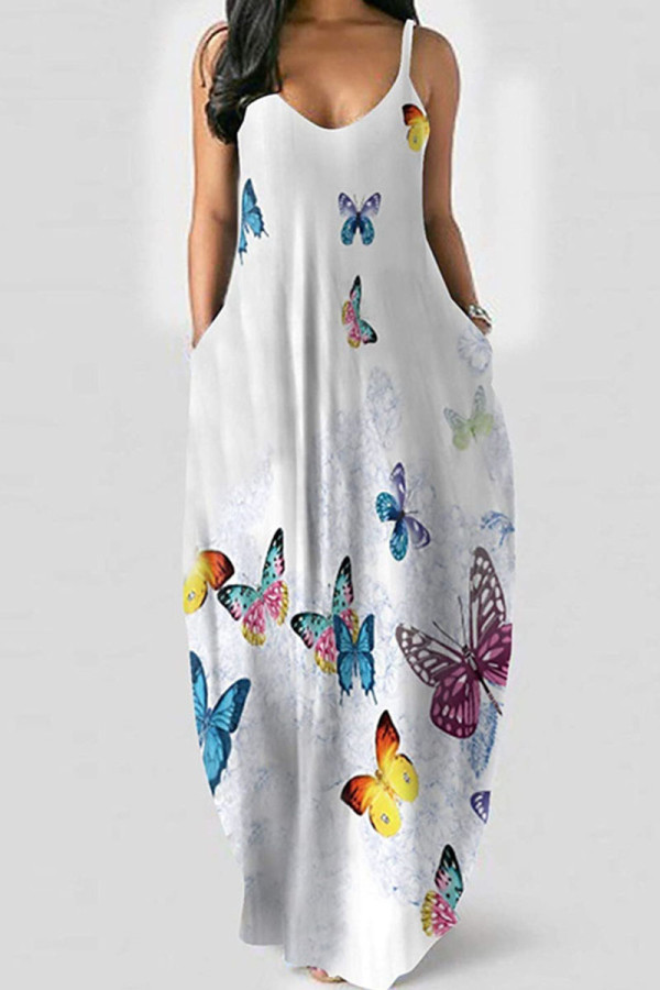 White Casual Print Patchwork Spaghetti Strap Sling Dress Dresses