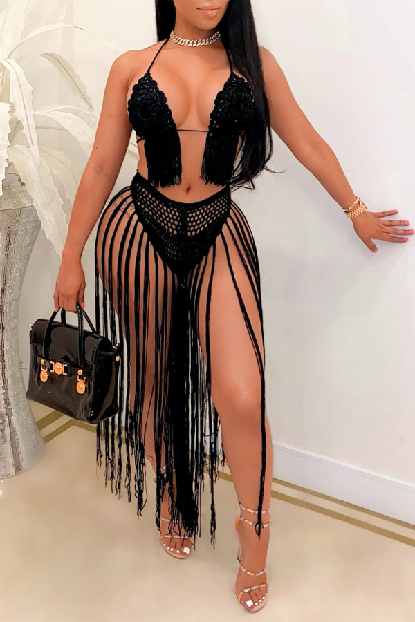 Black Sexy Solid Hollowed Out Patchwork Swimwears