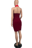 Deep Red Fashion Sexy Solid Backless Fold V Neck Sleeveless Dress