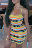 Yellow Sexy Casual Letter Striped Print Backless Spaghetti Strap Sleeveless Dress