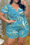 Yellow Sexy Print Split Joint V Neck Plus Size Jumpsuits