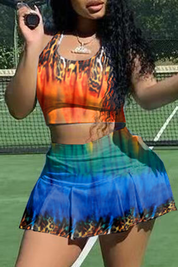 Orange Sexy Print Patchwork Square Collar Sleeveless Two Pieces