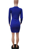 Blue Casual Solid Patchwork Asymmetrical O Neck Pencil Skirt Dresses
