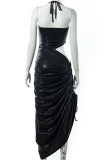 Black Sexy Solid Hollowed Out Halter Irregular Dress Dresses