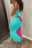 Rose Red Sexy Color Block Hollowed Out Spaghetti Strap Sleeveless Two Pieces