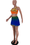 Yellow Sexy Print Patchwork Square Collar Sleeveless Two Pieces