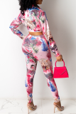 Pink Sexy Print Bandage Turndown Collar Long Sleeve Two Pieces
