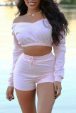Pink Fashion Casual Solid Basic V Neck Long Sleeve Two Pieces