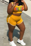 Yellow Fashion Casual Letter Print Vests U Neck Sleeveless Two Pieces