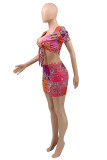 Multicolor Fashion Sexy Print Basic V Neck Short Sleeve Two Pieces