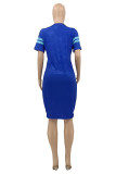 Blue Fashion Casual Print Basic O Neck Short Sleeve Dress