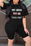 Black Fashion Casual Letter Print Basic O Neck Short Sleeve Two Pieces
