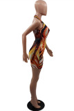 Multi-color Fashion Sexy Print Backless Halter Sleeveless Dress
