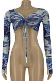 Blue Fashion Sexy Print Bandage Backless Off the Shoulder Tops