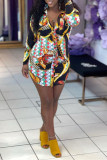Black Fashion Casual Print Basic Turndown Collar Long Sleeve Dresses