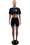 Black Fashion Casual Print Bandage O Neck Half Sleeve Two Pieces