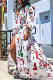 White Sexy Print Patchwork Buckle Slit V Neck A Line Dresses