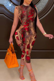 Brown Sexy Print Ripped Patchwork Backless O Neck Pencil Skirt Dresses