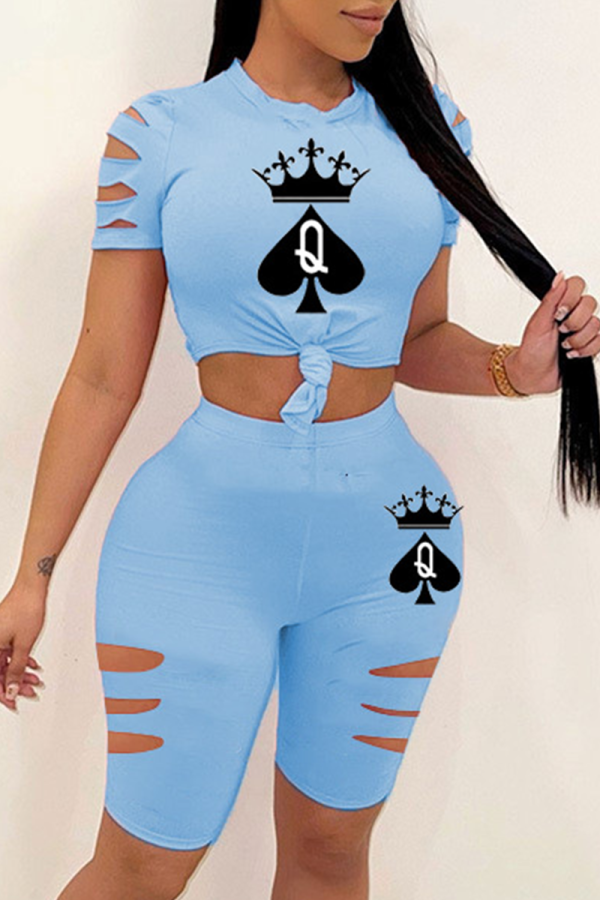 Blue Casual Print Patchwork O Neck Short Sleeve Two Pieces