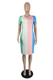 Multicolor Fashion Casual Print Basic V Neck Short Sleeve Dress