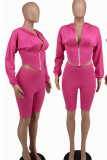 Pink Casual Solid Patchwork Hooded Collar Long Sleeve Two Pieces