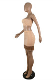 Light Coffee Fashion Sexy Solid Tassel Backless Strapless Sleeveless Two Pieces
