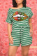 Green Casual Striped Print O Neck Short Sleeve Two Pieces