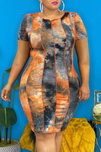 Multicolor Fashion Casual Plus Size Tie Dye Printing O Neck Short Sleeve Dress