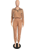 Deep Blue Fashion Casual Solid Zipper Turndown Collar Two Pieces