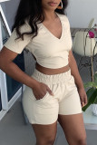 Apricot Sexy Casual Solid Backless V Neck Short Sleeve Two Pieces