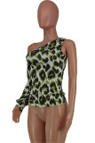 Green Fashion Casual Print Leopard Asymmetrical O Neck Mid Waist Tops