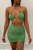 Blue Fashion Sexy Print Hollowed Out Backless Halter Sleeveless Two Pieces