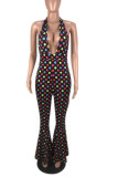 Multi-color Sexy Print Polka Dot Bandage Patchwork Backless Halter Boot Cut Jumpsuits