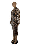 Leopard Print Fashion Sexy Print Leopard Hollowed Out Half A Turtleneck Long Sleeve Two Pieces