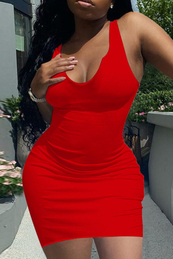 Red Casual Solid Patchwork U Neck Pencil Skirt Dresses