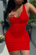 Red Casual Solid Patchwork U Neck Pencil Skirt Dresses