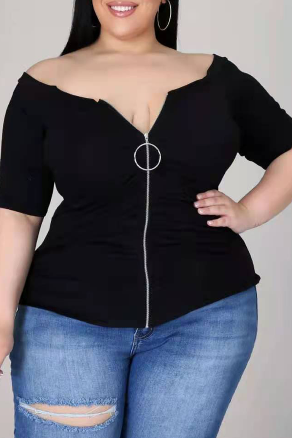 Black Casual Solid Patchwork Off the Shoulder Plus Size Tops