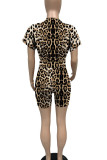Leopard Print Casual Print Patchwork O Neck Short Sleeve Two Pieces