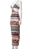 Brown Celebrities Print Hollowed Out Split Joint Spaghetti Strap Pencil Skirt Dresses
