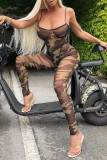 Camouflage Sexy Camouflage Print See-through Backless Spaghetti Strap Sleeveless Two Pieces