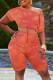 Tangerine Red Fashion Casual Print Bandage Oblique Collar Short Sleeve Two Pieces