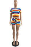 Colour Casual Striped Patchwork O Neck Short Sleeve Two Pieces