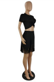 Red Fashion Casual Solid Tassel O Neck Short Sleeve Two Pieces