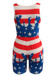 Red Blue Fashion Sexy Print Hollowed Out V Neck Skinny Romper