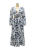 Multicolor Fashion Sexy Print Hollowed Out Backless Slit V Neck Long Sleeve Dresses